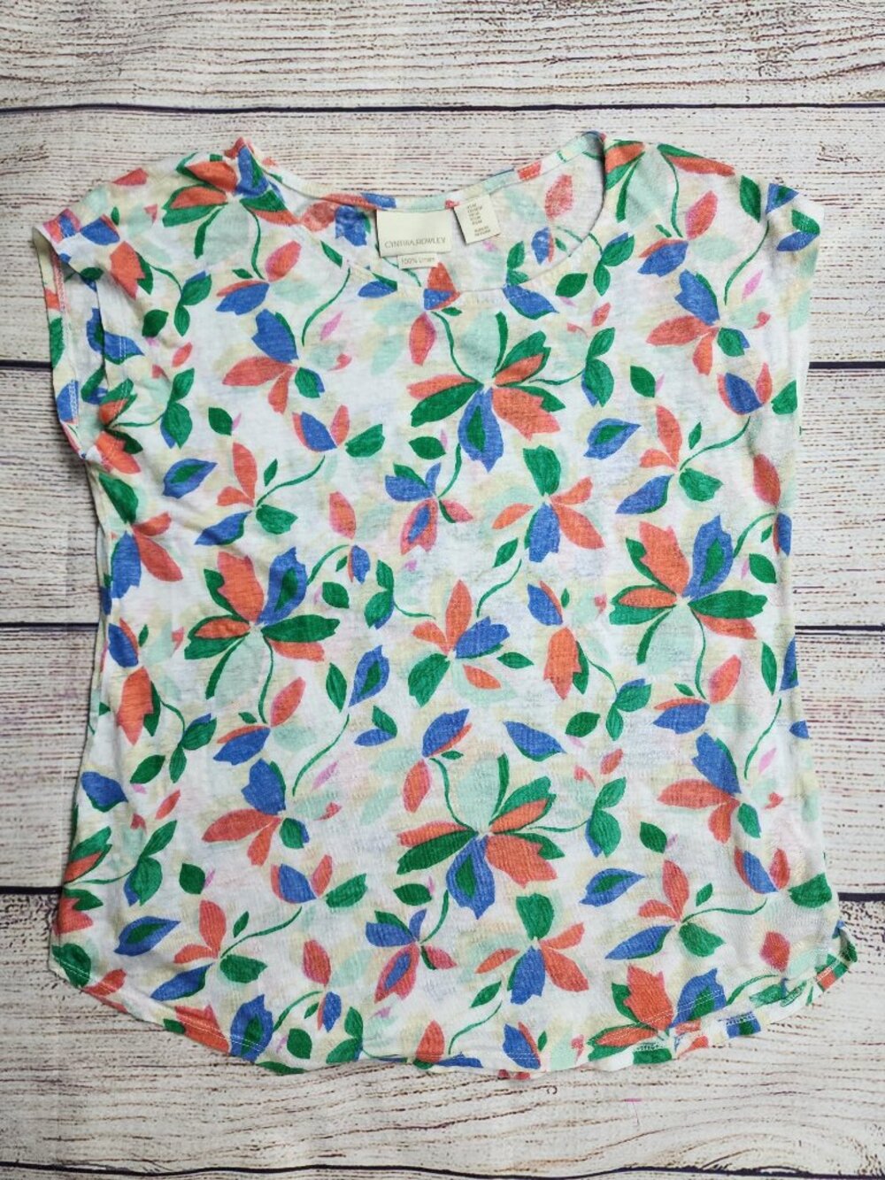 Cynthia Rowley Botanical Floral Top Medium 100% Linen Natural Fibers Cap Sleeve